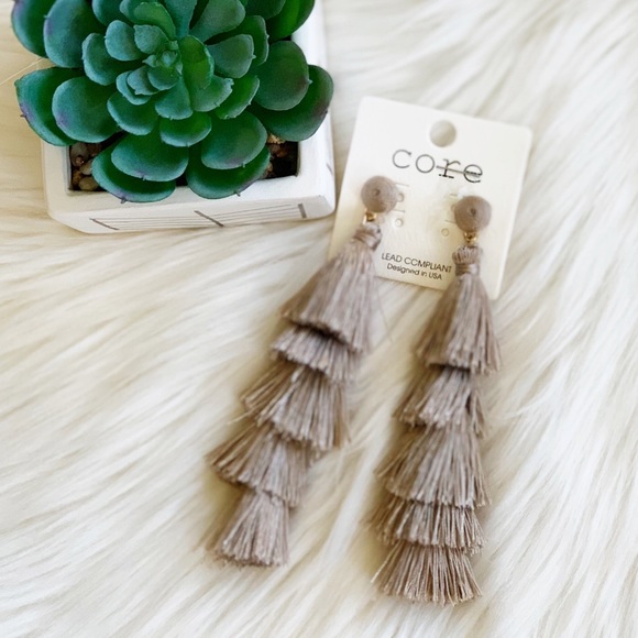 TULIPAN Multi Layer Taupe Tassel Fringe Earrings - Picture 3 of 7